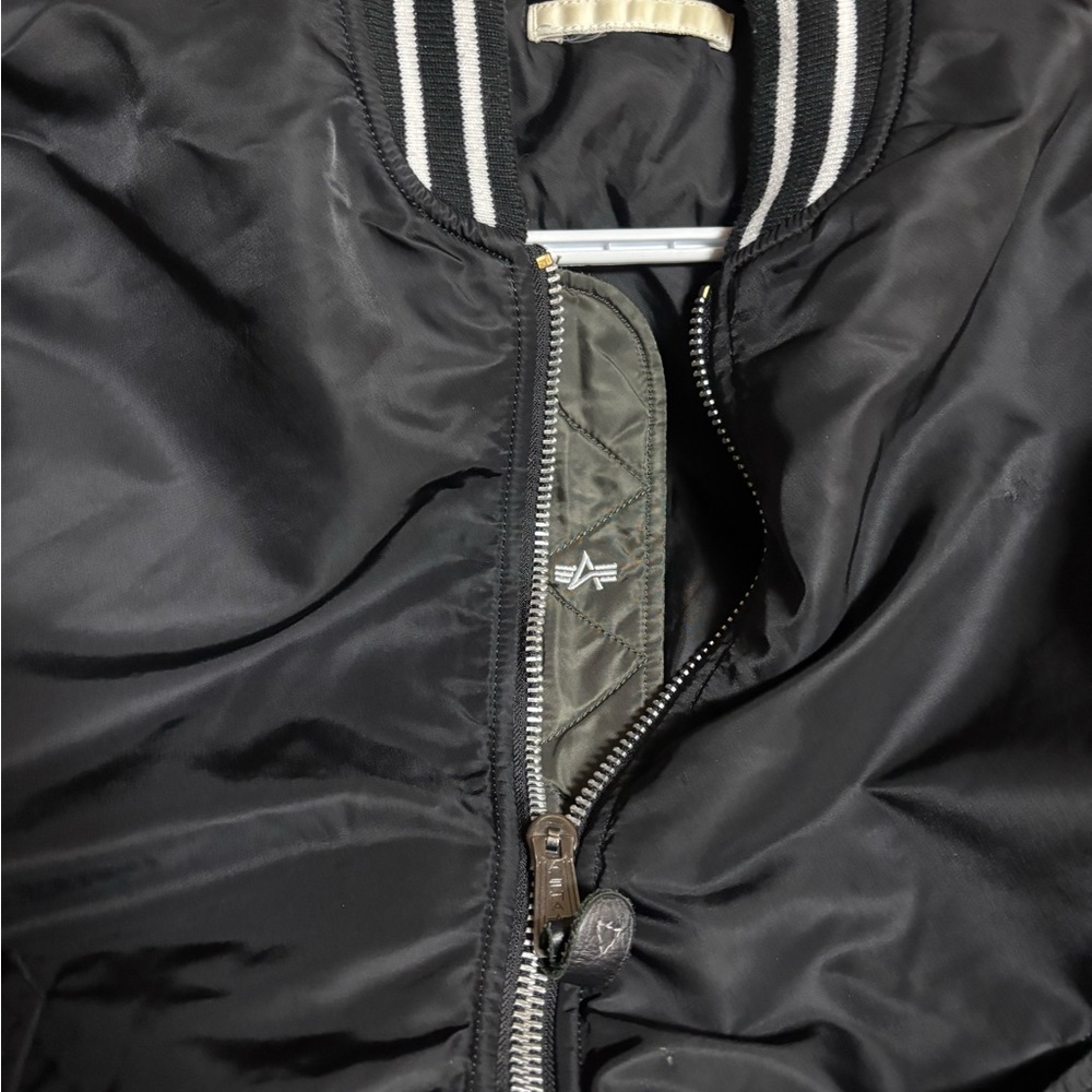 Alpha Industries Black Bomber Jacket with Striped Rib Collar